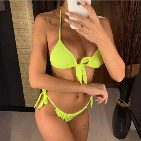 New Neon Slide Triangle Top and Slide Side Tie Bottom Bikini Set Swimsuit Size L - Picture 3 of 8